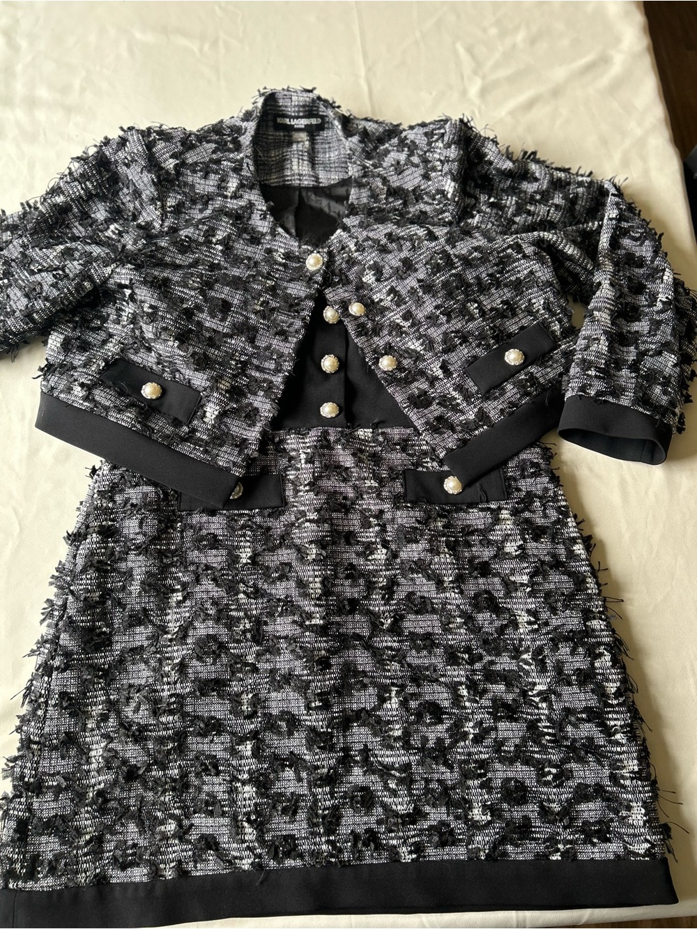 Classic Tweed Womens Jacket & Skirt Set - Black & white with silver and cream
